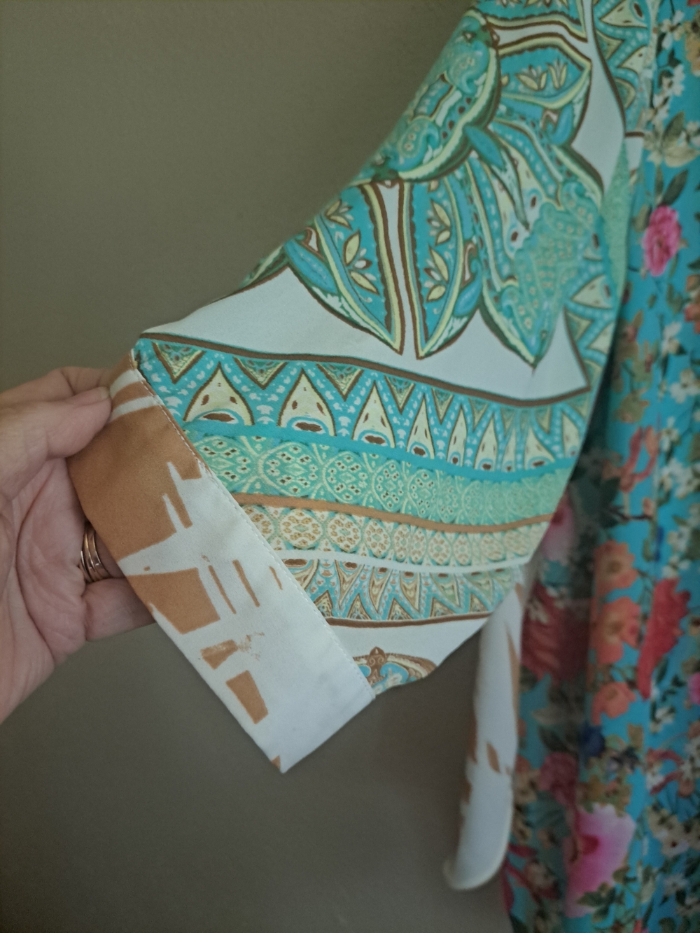 Silky Turquoise Mixed-Print Button-Up Blouse - Picture 7 of 10
